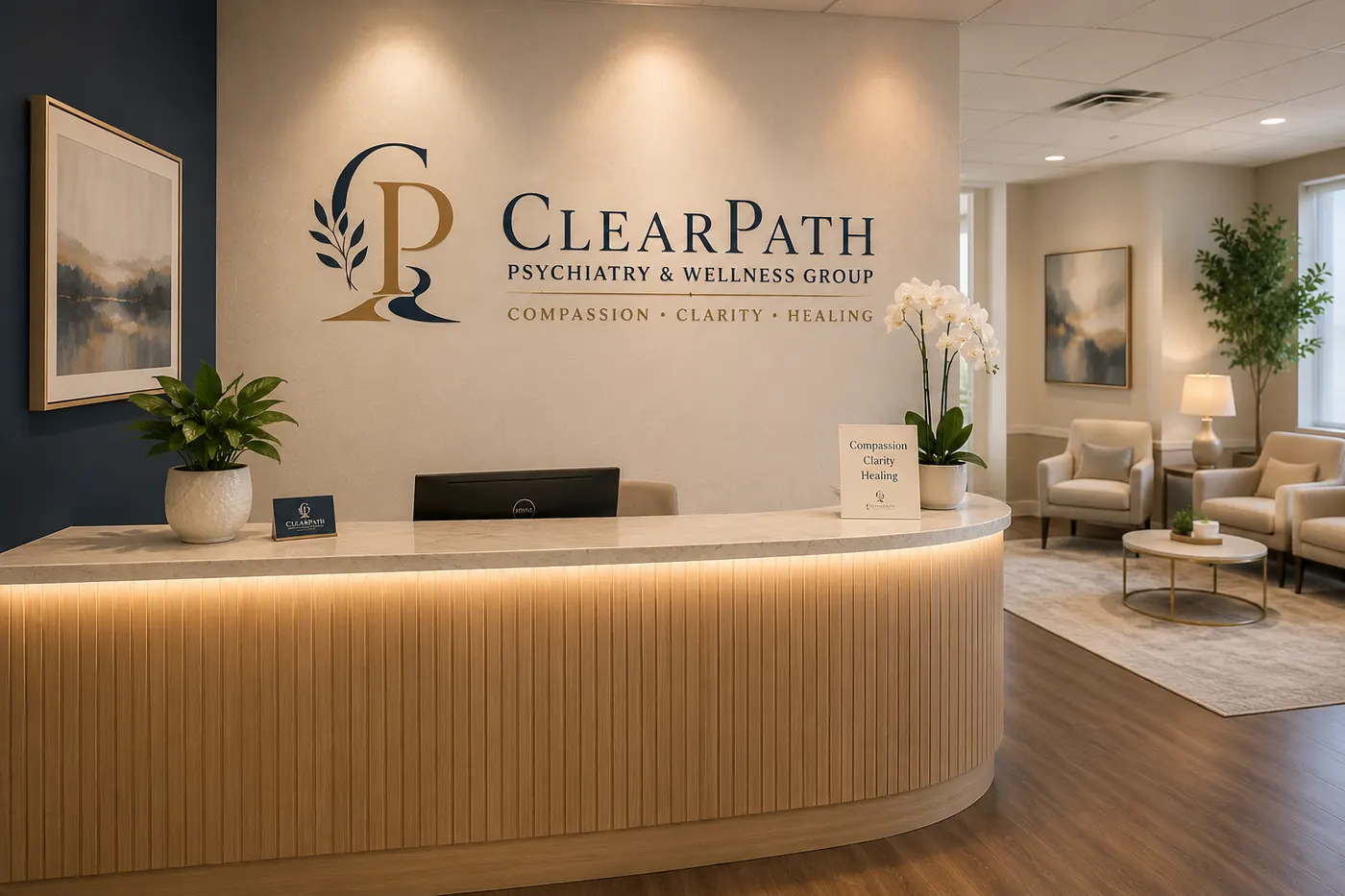 ClearPath Psychiatry & Wellness Group reception desk with the ClearPath logo on the wall