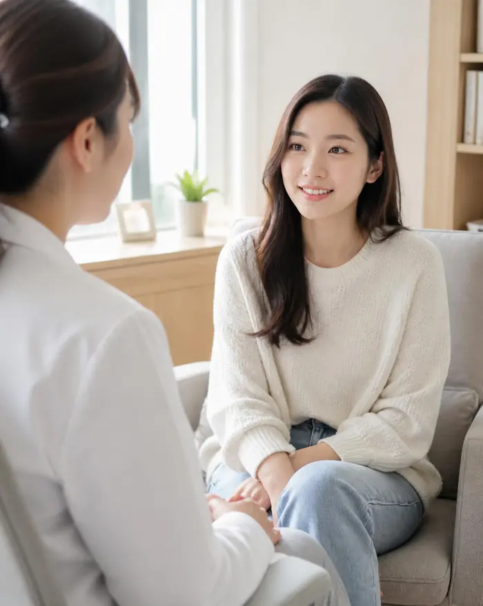 Calm, supportive clinical conversation in a sunlit room