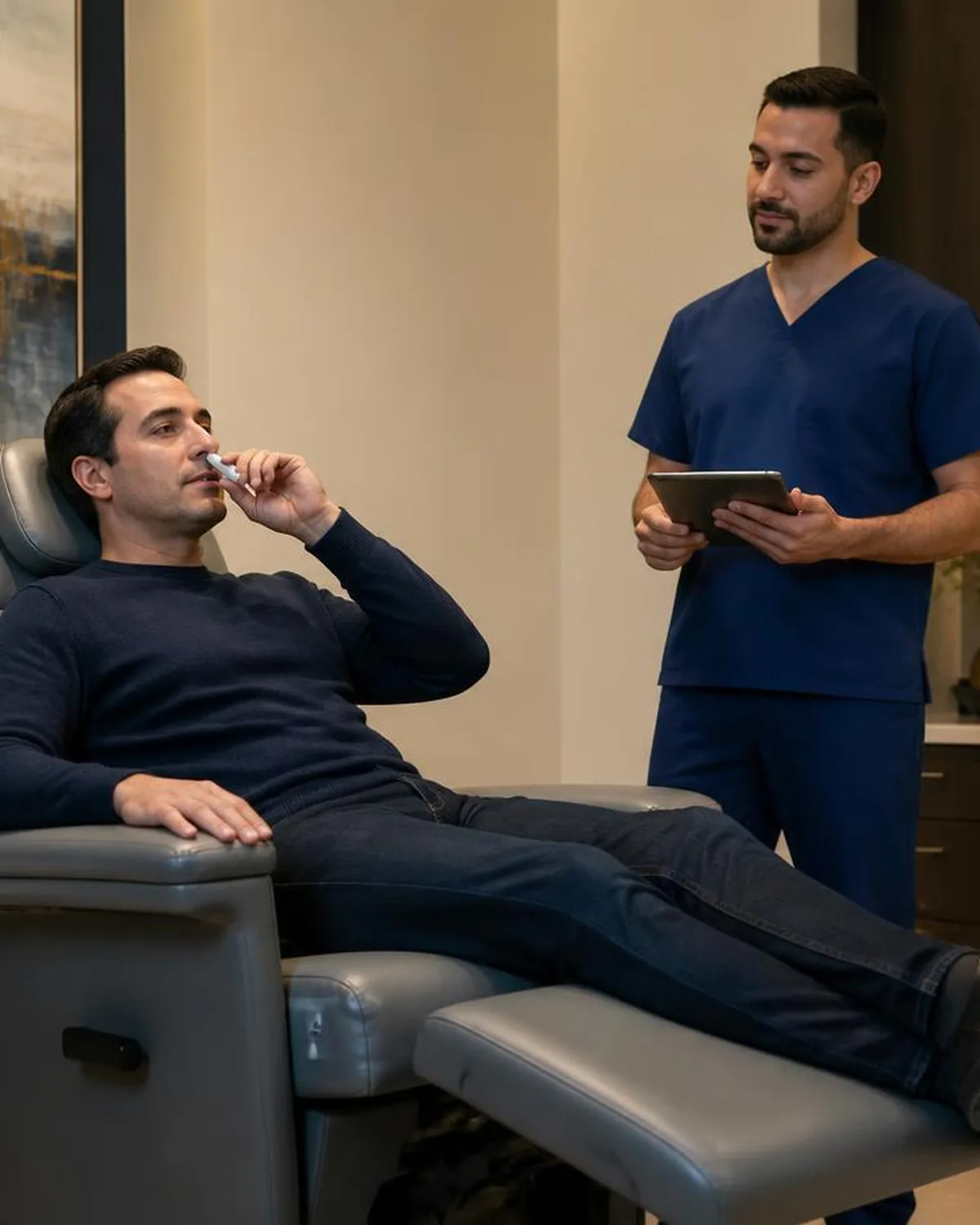 Calm private treatment suite with a comfortable recliner