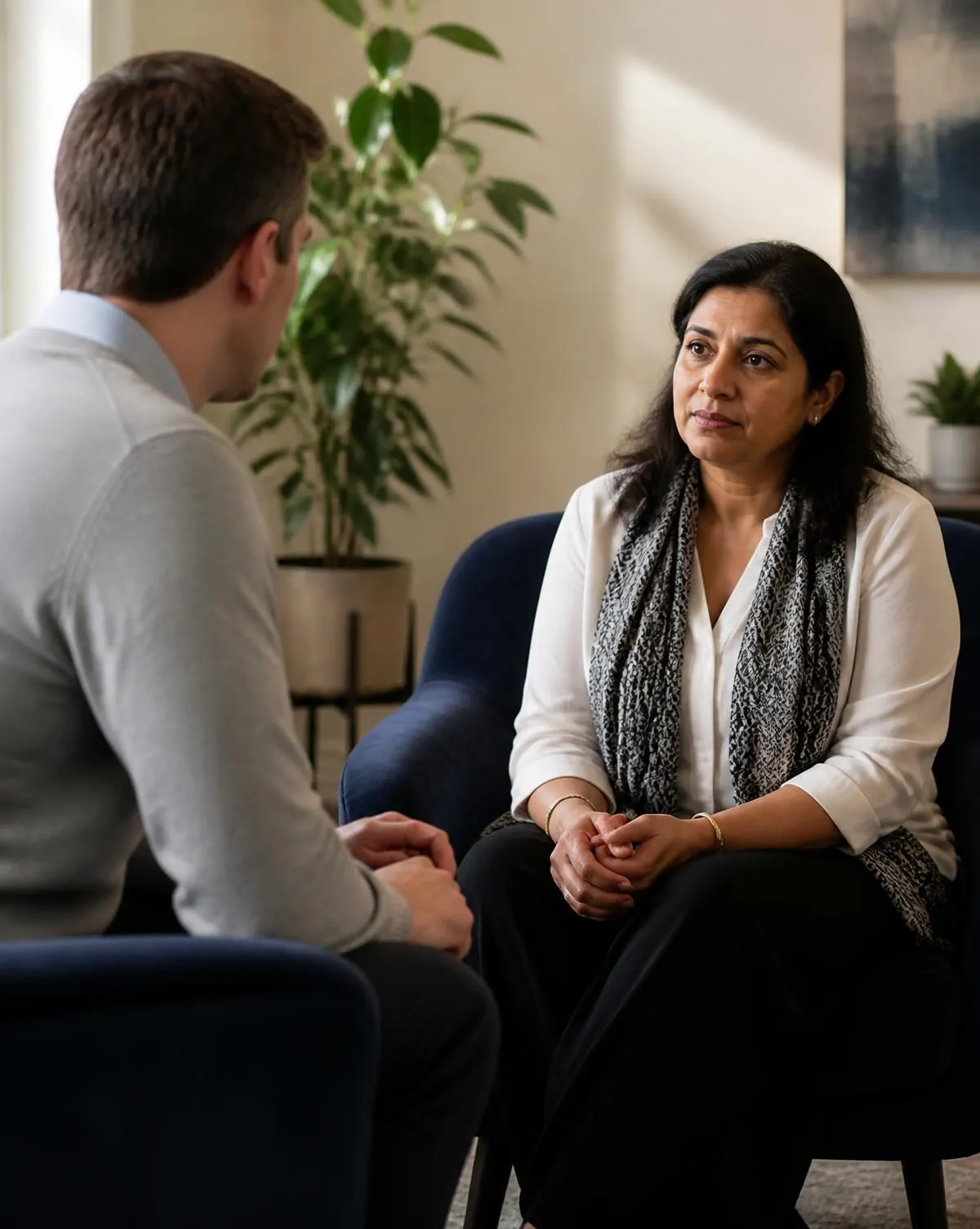 A clinician listening attentively to an adult patient during a psychiatric consultation